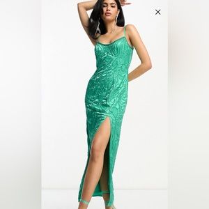 ASOS DESIGN Cami Embellished Sequin Seamed Maxi Dress in Dark Mint Size 8